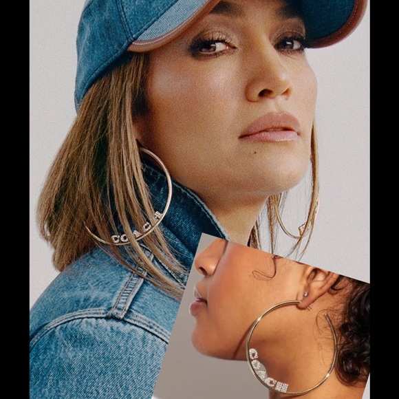 Gold COACH Signature Logo Diamanté Hoop Earrings - Picture 2 of 10